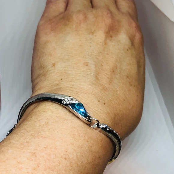 Silver Bangle Bracelet with Blue Topaz CZ - Picture 7 of 7